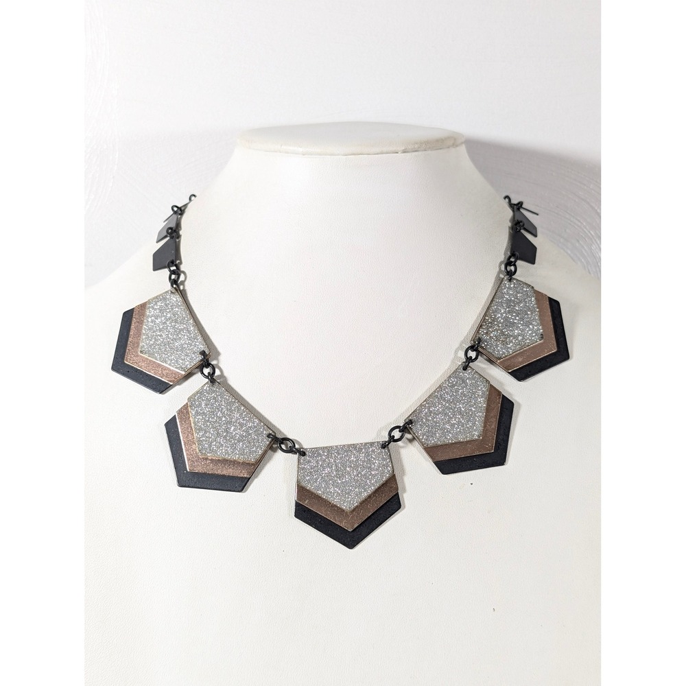 Vintage Express Geometric Statement Necklace Gunmetal Glitter Y2K 21 Inch